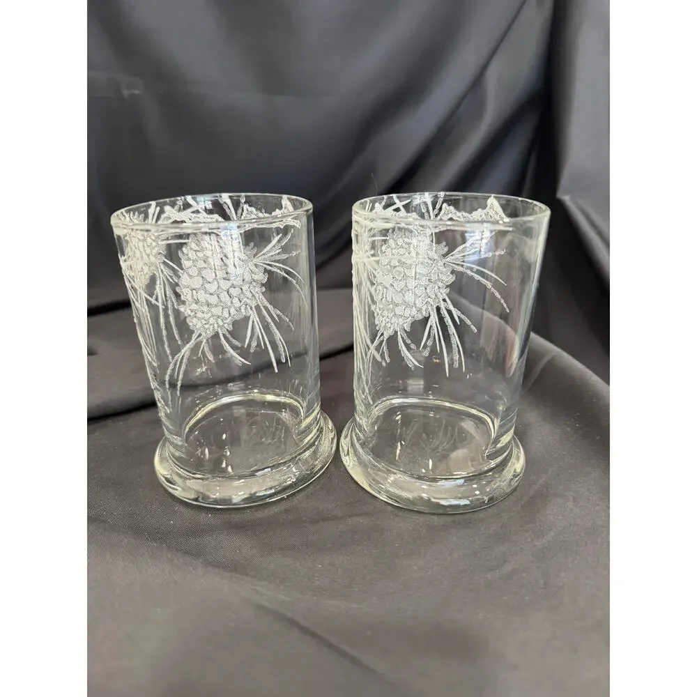 Rare Vintage Set of 2 Dorothy Thorpe Glass Tumblers with Lucite Pinecones Art